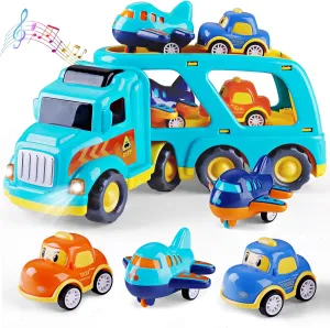 SHAWE 5 in 1 Toys Cars for 3 4 5 6 Years Old Toddlers Boys Girls Gifts, Transport Truck Toys with Sound & Light, Cute Pull Back Cars Vehicle Carrier Truck Set for Kids Birthday Christmas