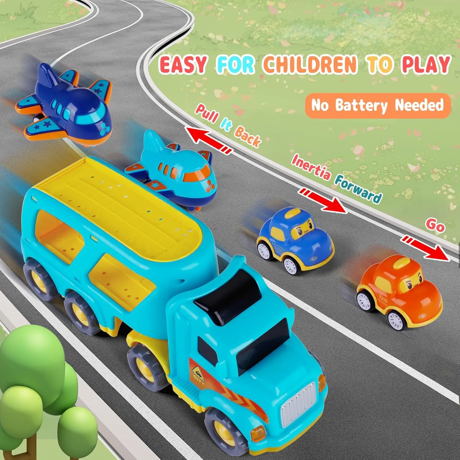 SHAWE 5 in 1 Toys Cars for 3 4 5 6 Years Old Toddlers Boys Girls Gifts, Transport Truck Toys with Sound & Light, Cute Pull Back Cars Vehicle Carrier Truck Set for Kids Birthday Christmas