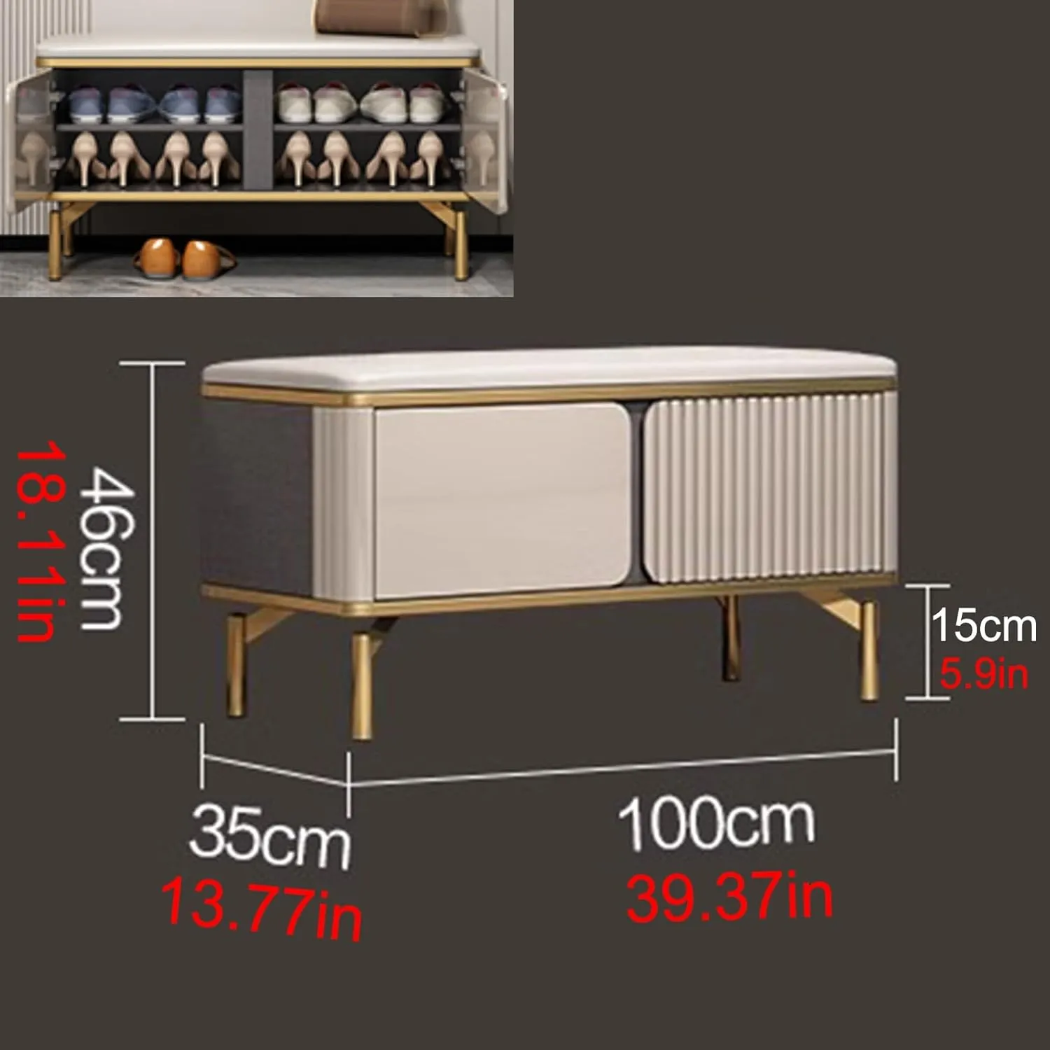 Shoe Bench with Cushion and Doors Modern Metal Legs Upholstered Bench PU Seat Storage Benches with Adjustable Shelf for Entryway Living Room Bedroom(39.37in/100cm)
