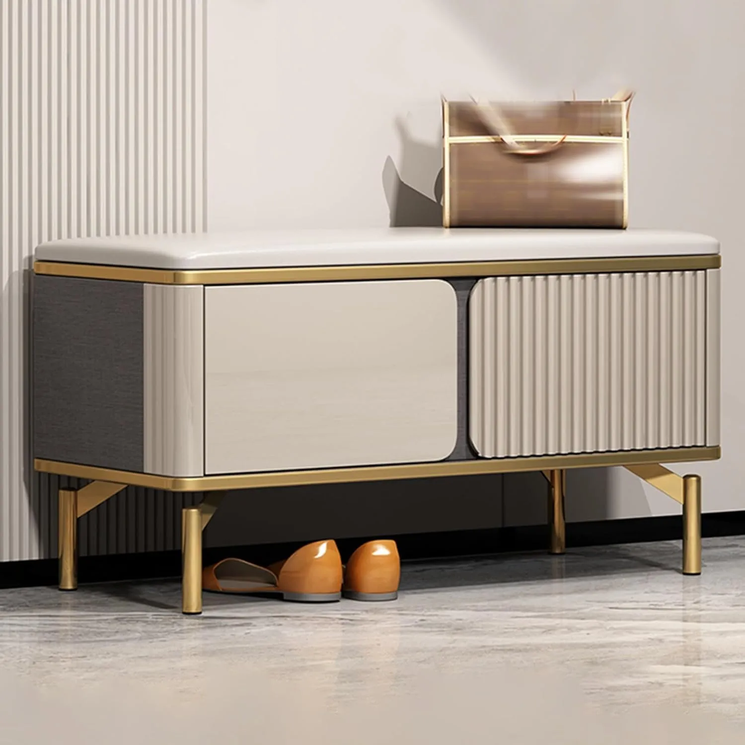 Shoe Bench with Cushion and Doors Modern Metal Legs Upholstered Bench PU Seat Storage Benches with Adjustable Shelf for Entryway Living Room Bedroom(39.37in/100cm)