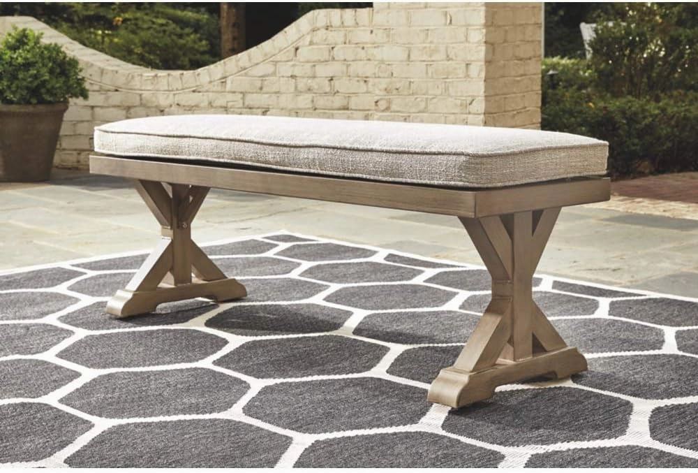 Signature Design by Ashley Beachcroft Patio Farmhouse Outdoor Upholstered Dining Bench, Beige
