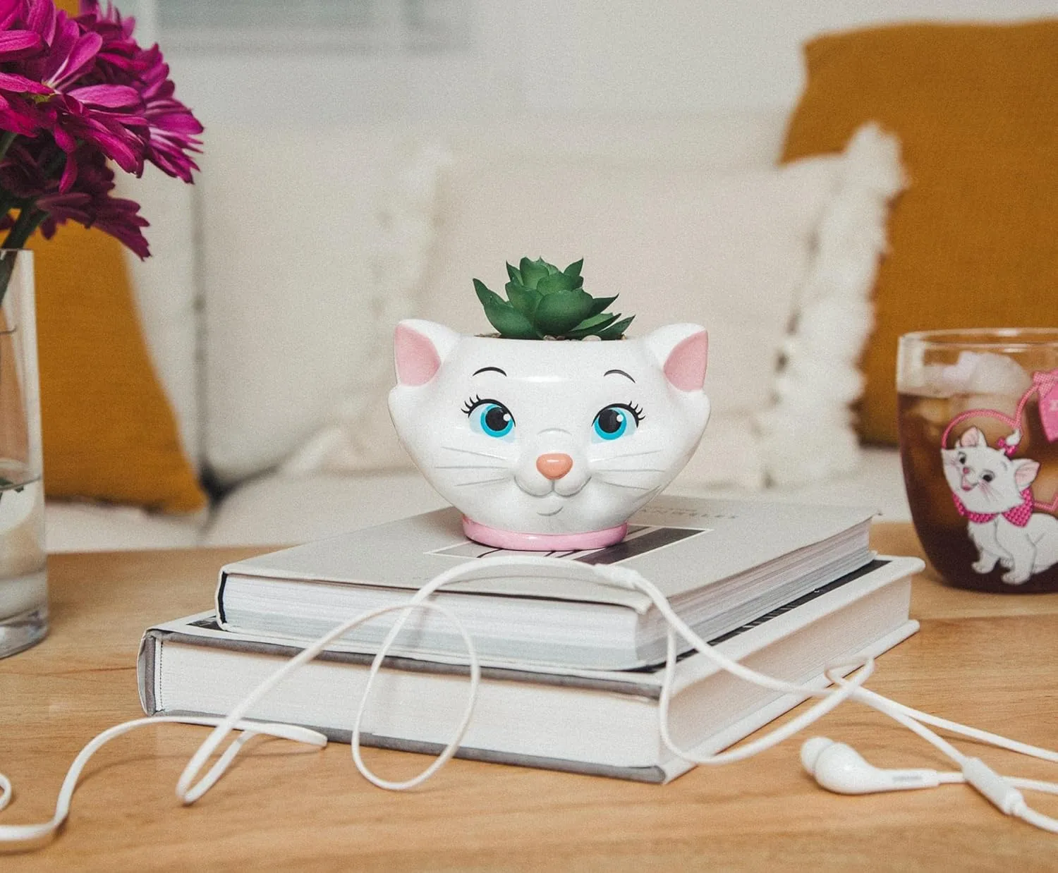 Silver Buffalo Disney The Aristocats Marie 4-Inch Ceramic Mini Planter with Artificial Succulent | Cute Small Flower Pot, Faux Indoor Plants