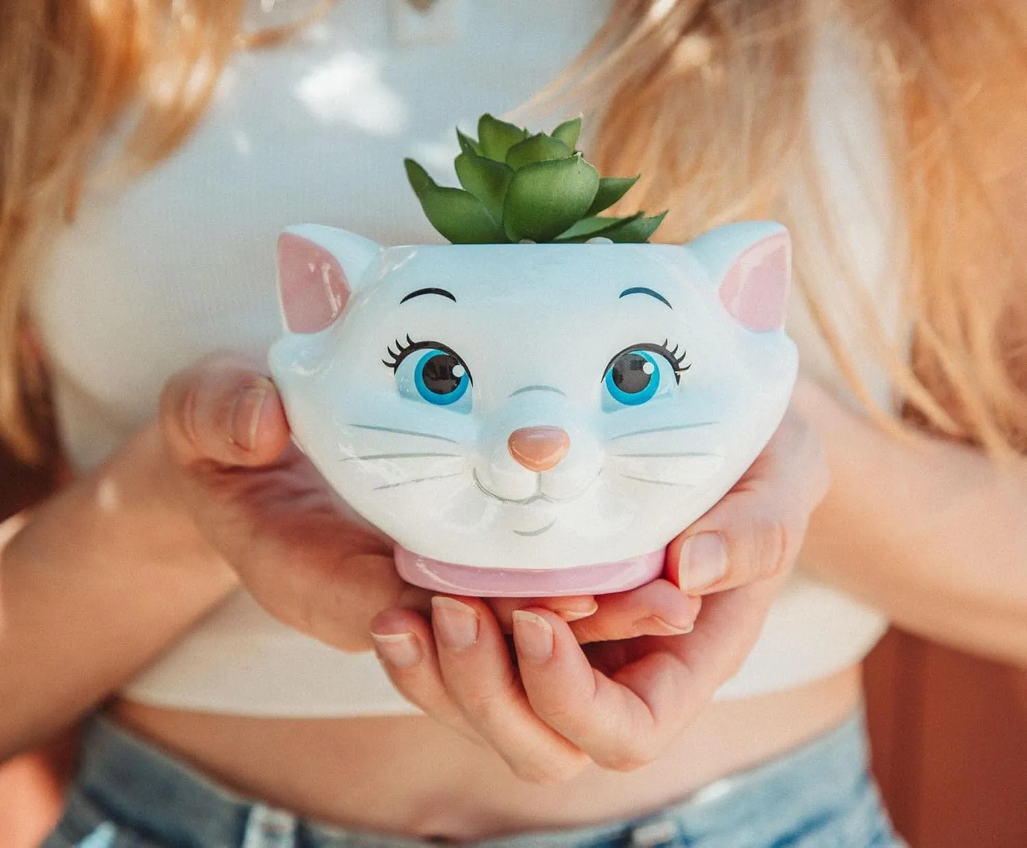 Silver Buffalo Disney The Aristocats Marie 4-Inch Ceramic Mini Planter with Artificial Succulent | Cute Small Flower Pot, Faux Indoor Plants