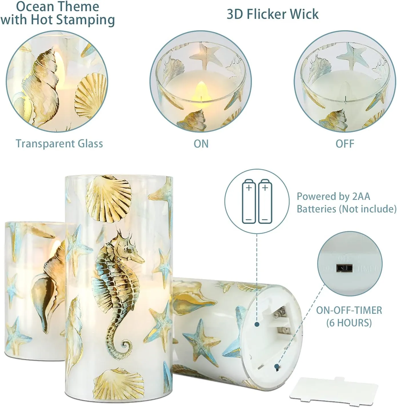 Silverstro Nautical Flameless Candles Flickering Starfish Seahorse Battery Operated Candles with Remote - Bedroom Party Christmas Ocean Summer Decor - Set of 3