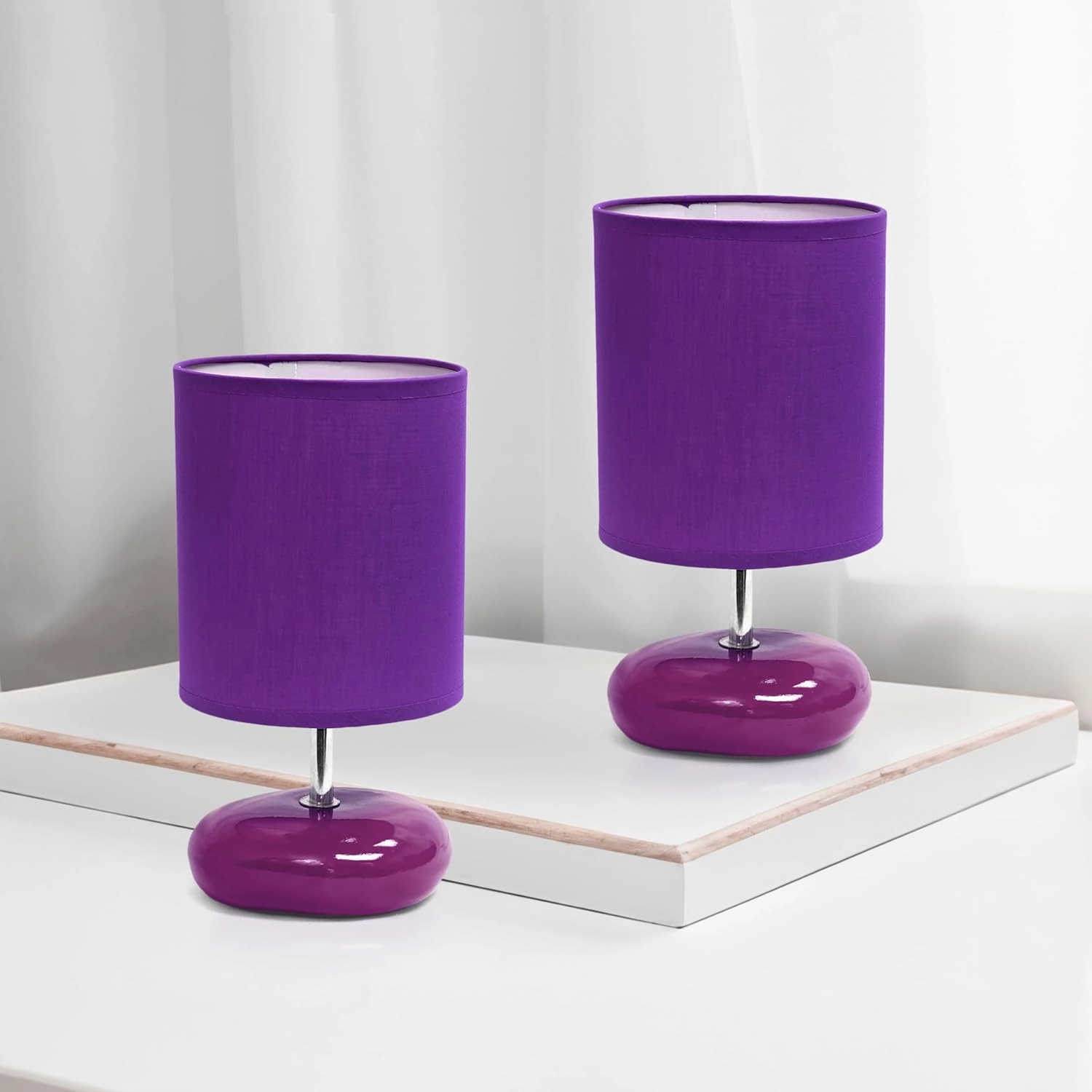 Simple Designs LT1153-PRP-2PK Petite Circle Stone Table Lamp 2 Pack Set for Bedroom, Kids Room, Office, Living Room, Nursery, Reading Nook, Purple