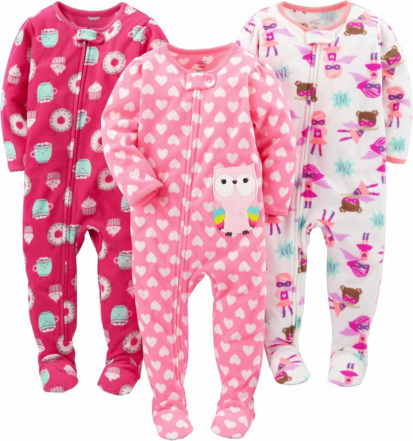 Simple Joys by Carter's Toddlers and Baby Girls' Loose-Fit Flame Resistant Fleece Footed Pajamas, Pack of 3