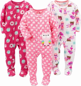 Simple Joys by Carter's Toddlers and Baby Girls' Loose-Fit Flame Resistant Fleece Footed Pajamas, Pack of 3