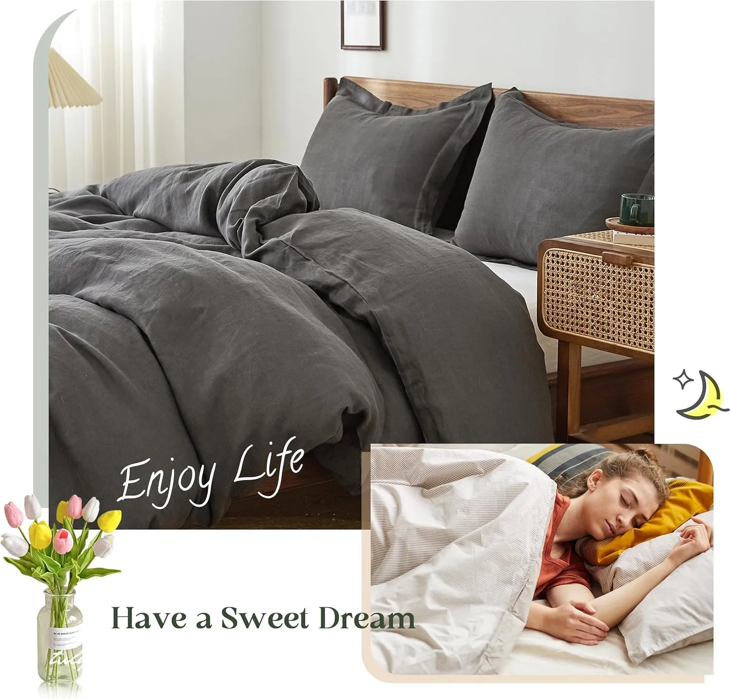 Simple&Opulence 100% Linen Duvet Cover Set, 3 PCS Natural French Flax Dark Grey Duvet Cover King Size, Breathable Soft Comfy Linen Bedding Comforter Cover with 2 Pillowcases(Dark Grey, 104"x92")