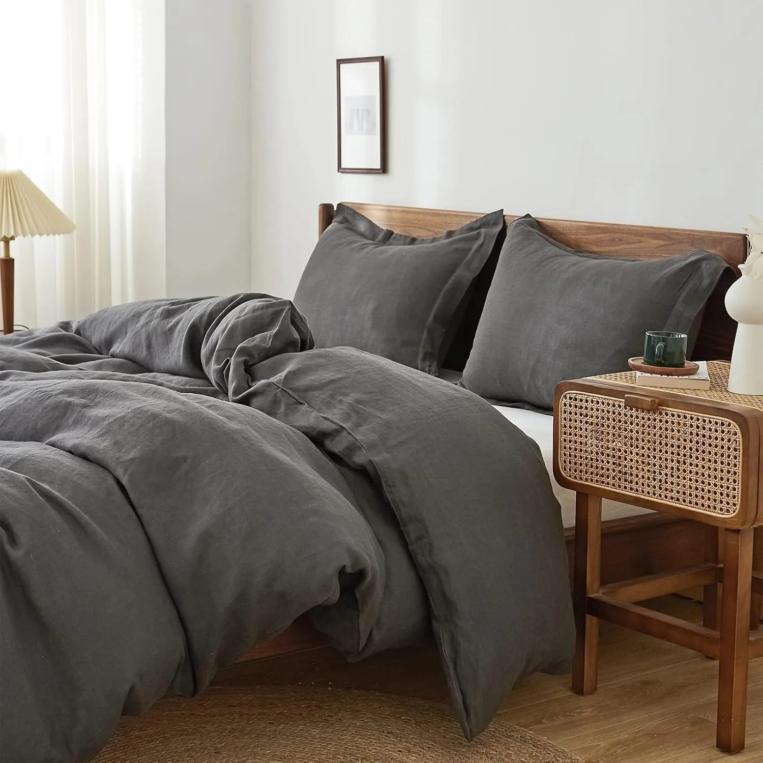 Simple&Opulence 100% Linen Duvet Cover Set, 3 PCS Natural French Flax Dark Grey Duvet Cover King Size, Breathable Soft Comfy Linen Bedding Comforter Cover with 2 Pillowcases(Dark Grey, 104"x92")