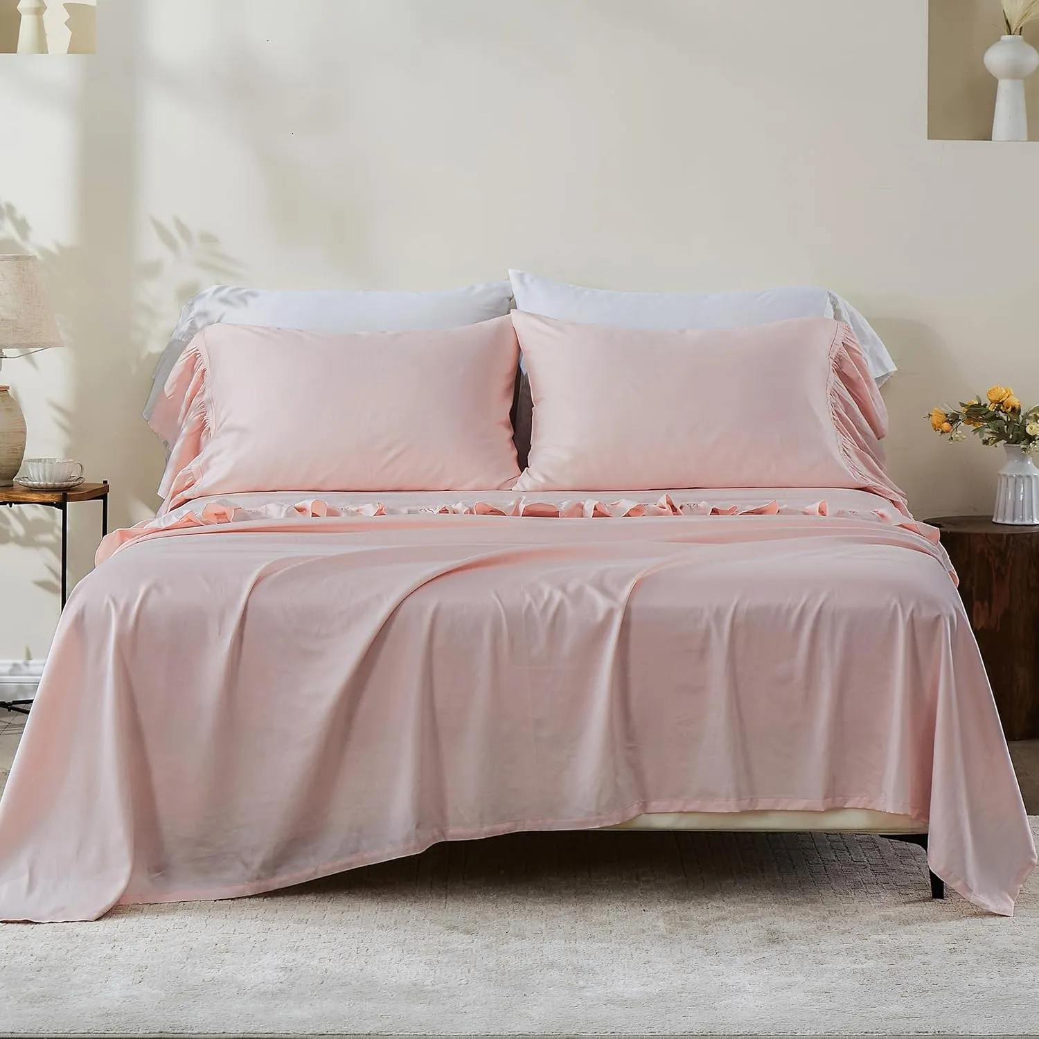 Simple&Opulence 100% Organic Cotton Sheet Set, Long Ruffle Bed Sheets (1 Flat Sheet, 1 Fitted Sheet and 1 Pillowcase) Elegant Shabby Chic Bedding Farmhouse Charming Vintage - Pink, Twin