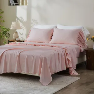 Simple&Opulence 100% Organic Cotton Sheet Set, Long Ruffle Bed Sheets (1 Flat Sheet, 1 Fitted Sheet and 1 Pillowcase) Elegant Shabby Chic Bedding Farmhouse Charming Vintage - Pink, Twin