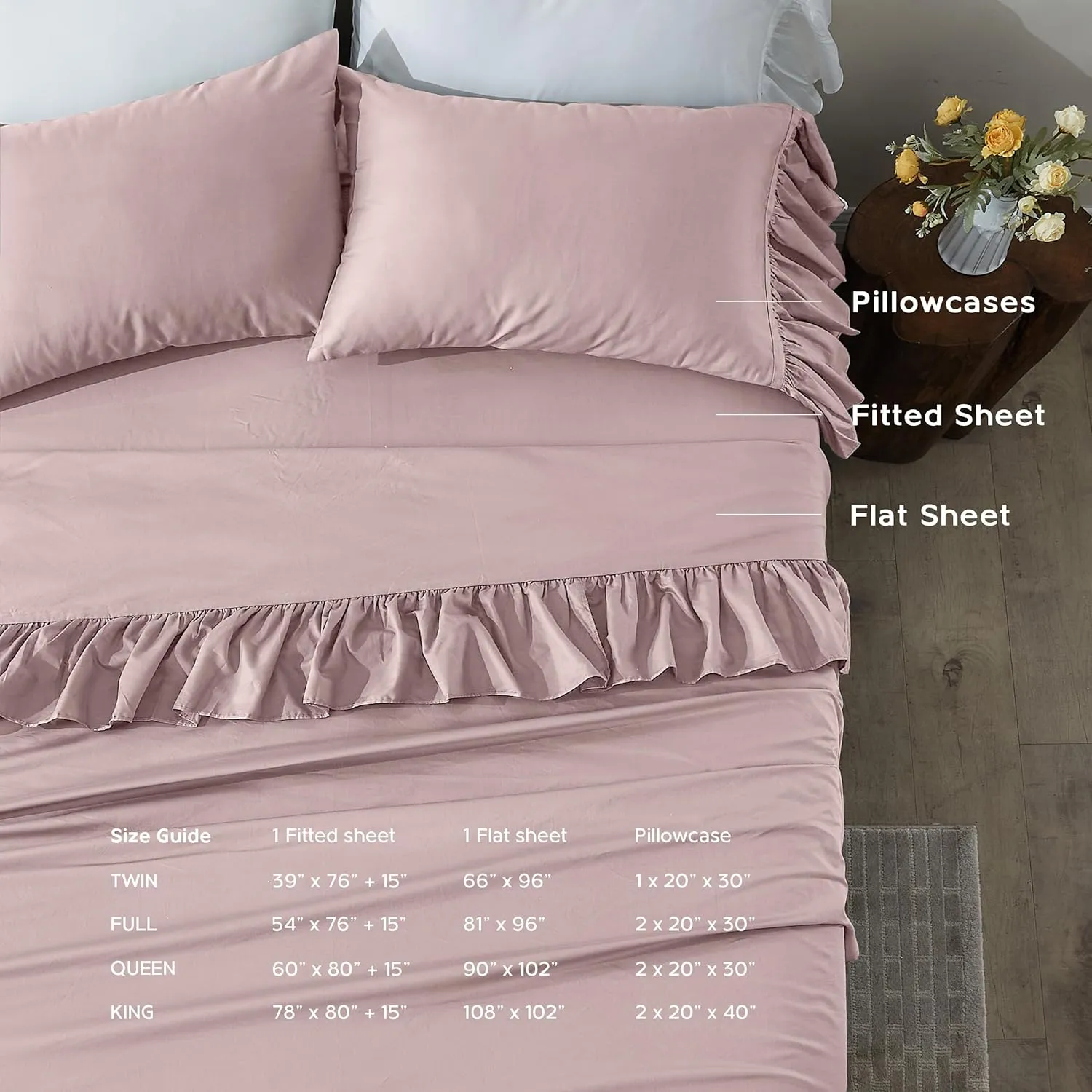Simple&Opulence 100% Organic Cotton Sheet Set, Long Ruffle Bed Sheets (1 Flat Sheet, 1 Fitted Sheet and 1 Pillowcase) Elegant Shabby Chic Bedding Farmhouse Charming Vintage - Pink, Twin