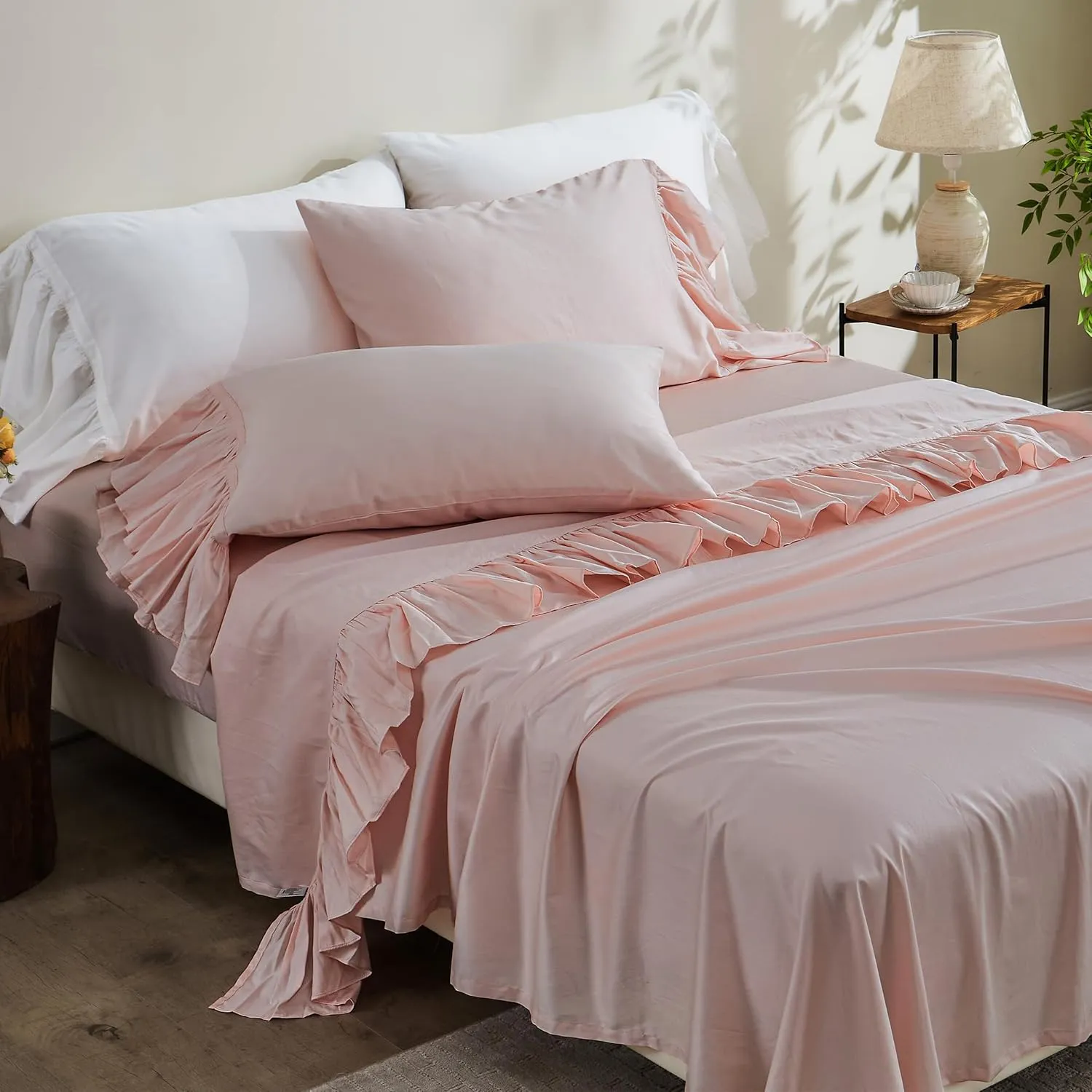 Simple&Opulence 100% Organic Cotton Sheet Set, Long Ruffle Bed Sheets (1 Flat Sheet, 1 Fitted Sheet and 1 Pillowcase) Elegant Shabby Chic Bedding Farmhouse Charming Vintage - Pink, Twin