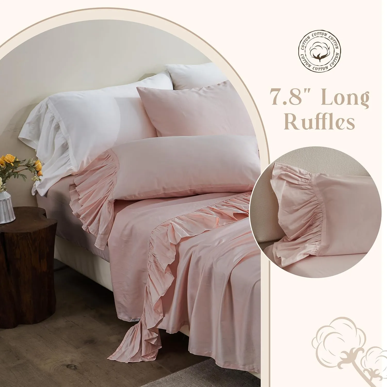 Simple&Opulence 100% Organic Cotton Sheet Set, Long Ruffle Bed Sheets (1 Flat Sheet, 1 Fitted Sheet and 1 Pillowcase) Elegant Shabby Chic Bedding Farmhouse Charming Vintage - Pink, Twin