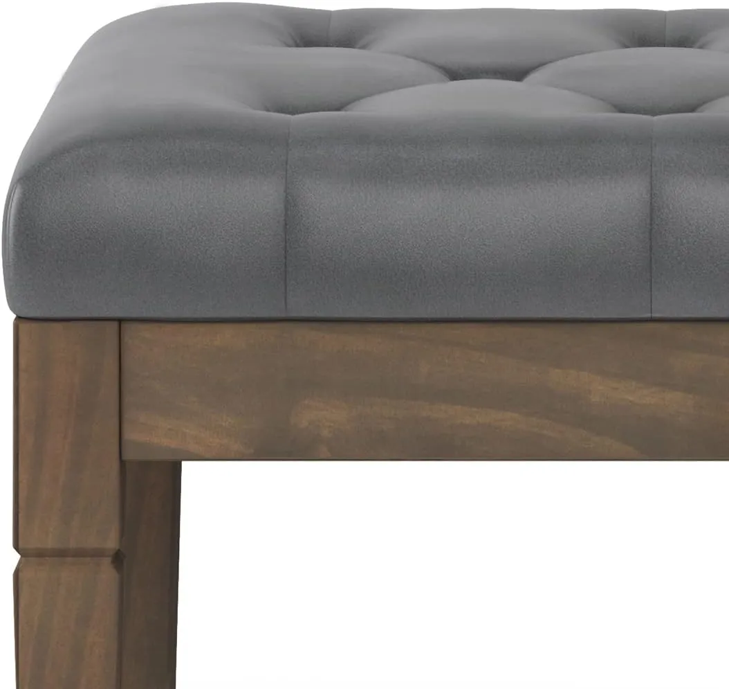 SIMPLIHOME Waverly 28 inch Wide Traditional Rectangle Small Tufted Ottoman Bench in Stone Grey Vegan Faux Leather, Assembled, For the Living Room and Bedroom