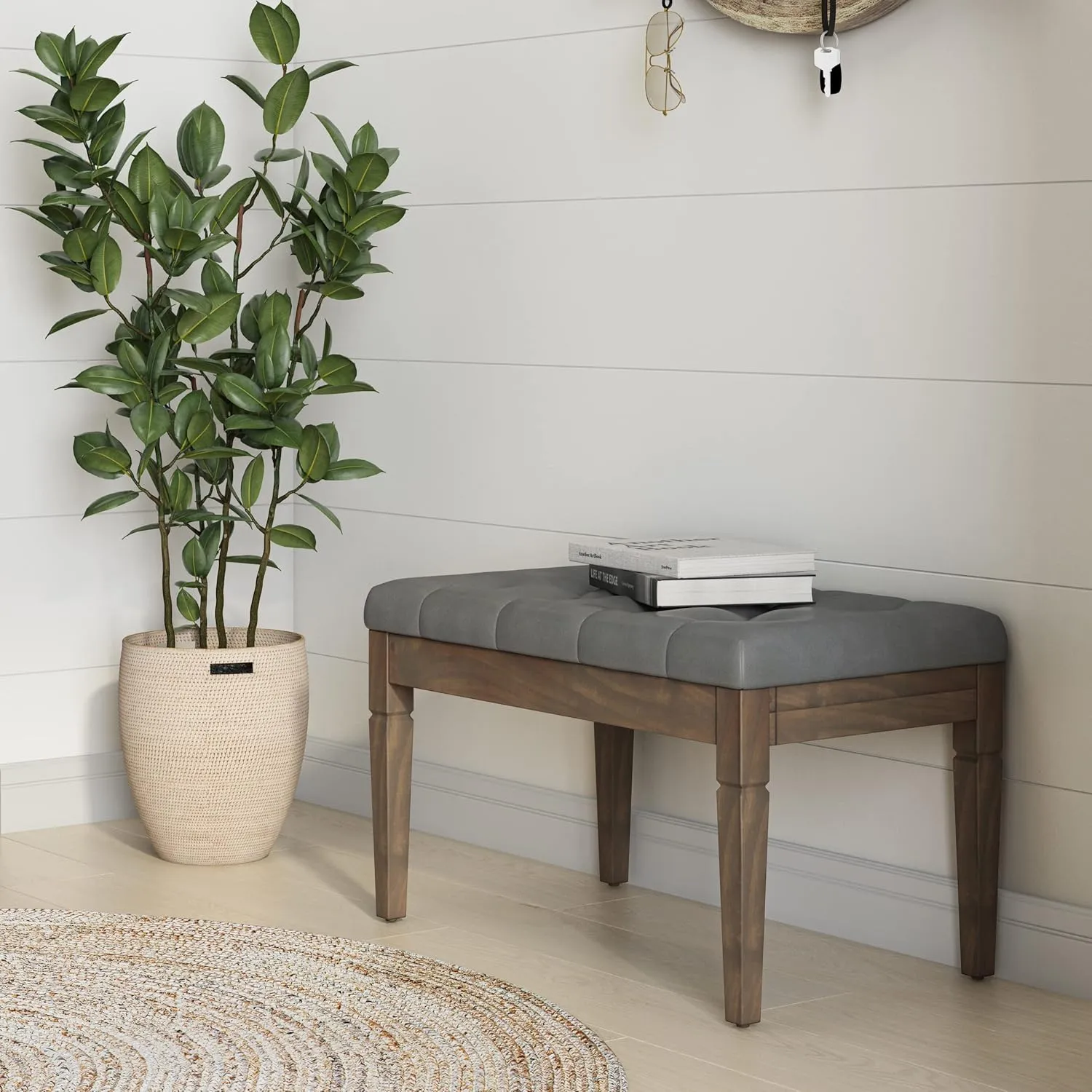 SIMPLIHOME Waverly 28 inch Wide Traditional Rectangle Small Tufted Ottoman Bench in Stone Grey Vegan Faux Leather, Assembled, For the Living Room and Bedroom
