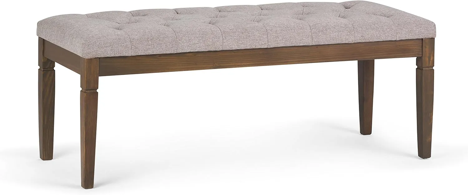 SIMPLIHOME Waverly 48 inch Wide Traditional Rectangle Tufted Ottoman Bench in Cloud Grey Linen Look Fabric, Assembled, For the Living Room and Bedroom