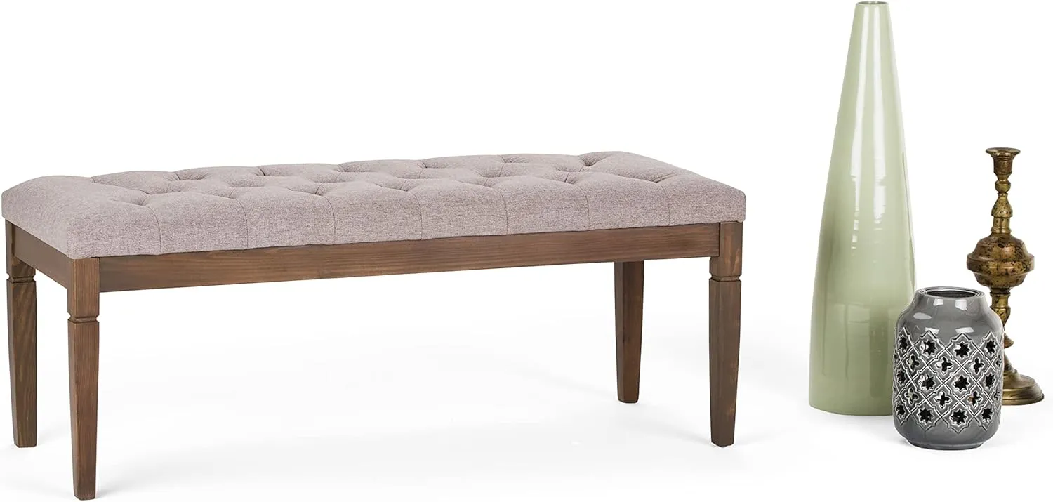 SIMPLIHOME Waverly 48 inch Wide Traditional Rectangle Tufted Ottoman Bench in Cloud Grey Linen Look Fabric, Assembled, For the Living Room and Bedroom