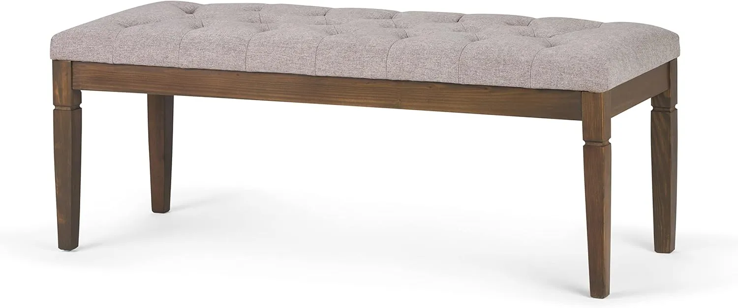 SIMPLIHOME Waverly 48 inch Wide Traditional Rectangle Tufted Ottoman Bench in Cloud Grey Linen Look Fabric, Assembled, For the Living Room and Bedroom