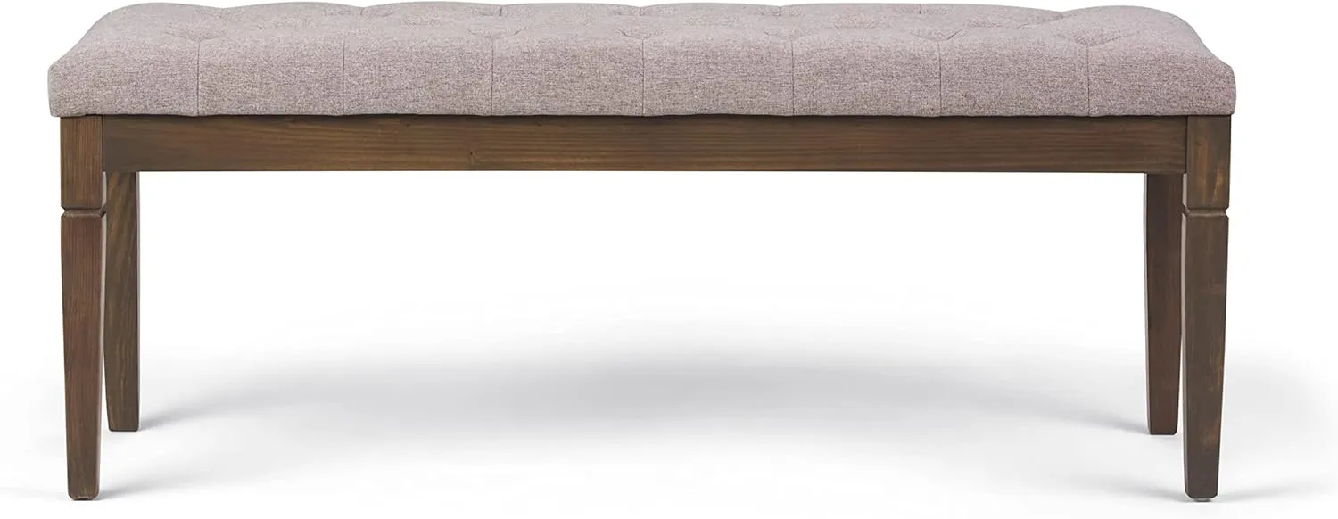 SIMPLIHOME Waverly 48 inch Wide Traditional Rectangle Tufted Ottoman Bench in Cloud Grey Linen Look Fabric, Assembled, For the Living Room and Bedroom