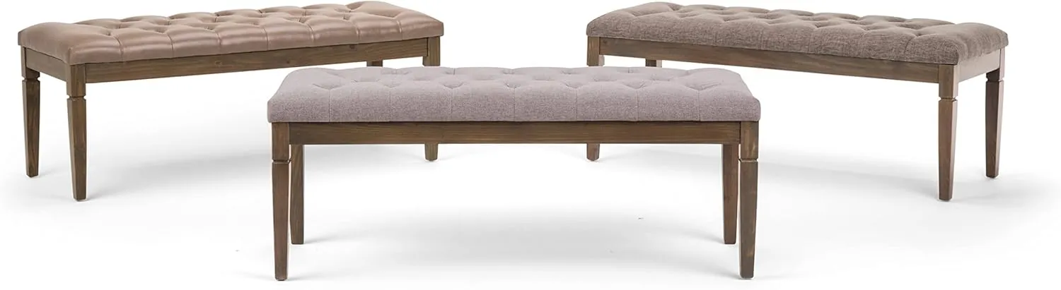 SIMPLIHOME Waverly 48 inch Wide Traditional Rectangle Tufted Ottoman Bench in Cloud Grey Linen Look Fabric, Assembled, For the Living Room and Bedroom