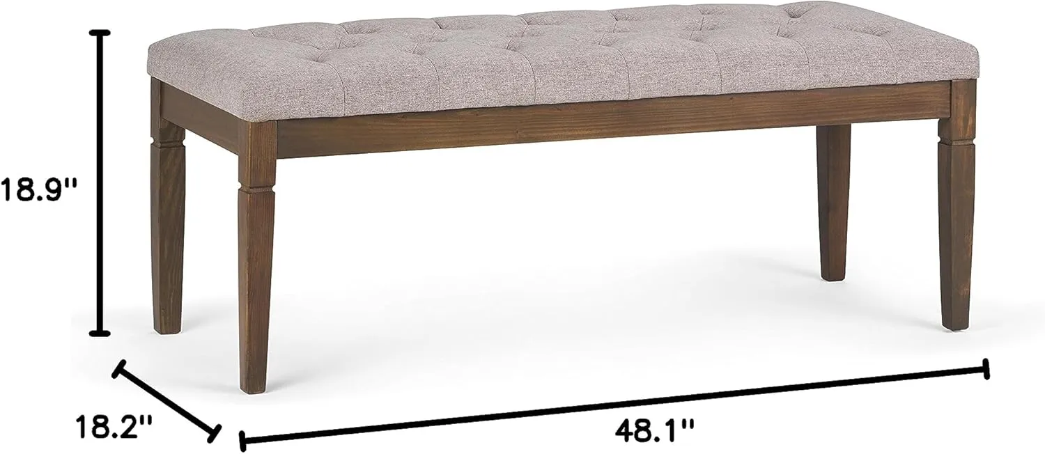SIMPLIHOME Waverly 48 inch Wide Traditional Rectangle Tufted Ottoman Bench in Cloud Grey Linen Look Fabric, Assembled, For the Living Room and Bedroom
