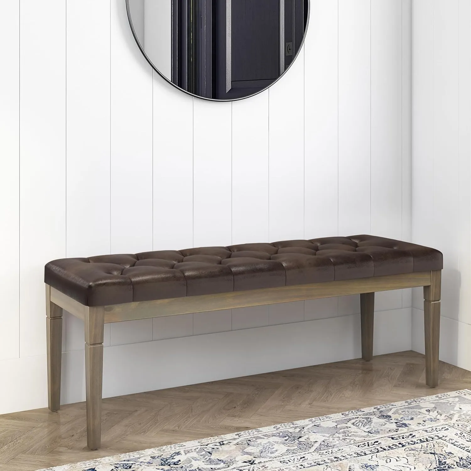 SIMPLIHOME Waverly 48 inch Wide Traditional Rectangle Tufted Ottoman Bench in Distressed Brown Vegan Faux Leather, Assembled, For the Living Room and Bedroom