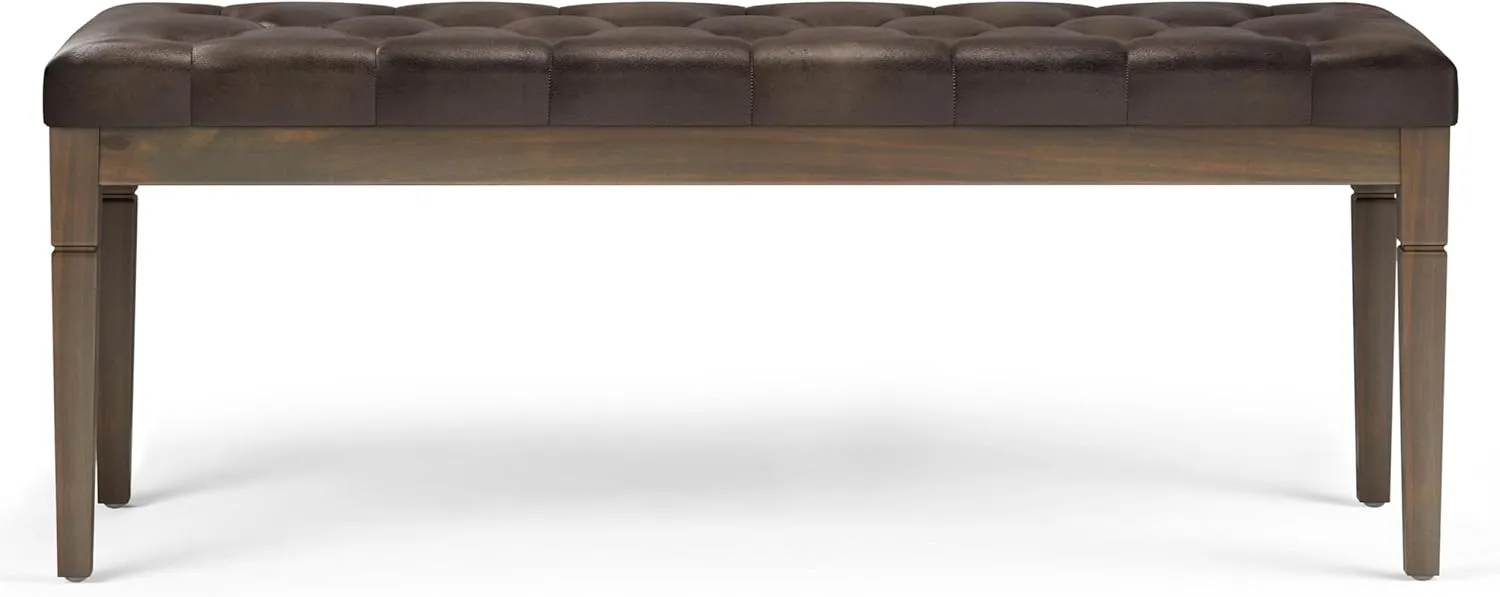 SIMPLIHOME Waverly 48 inch Wide Traditional Rectangle Tufted Ottoman Bench in Distressed Brown Vegan Faux Leather, Assembled, For the Living Room and Bedroom