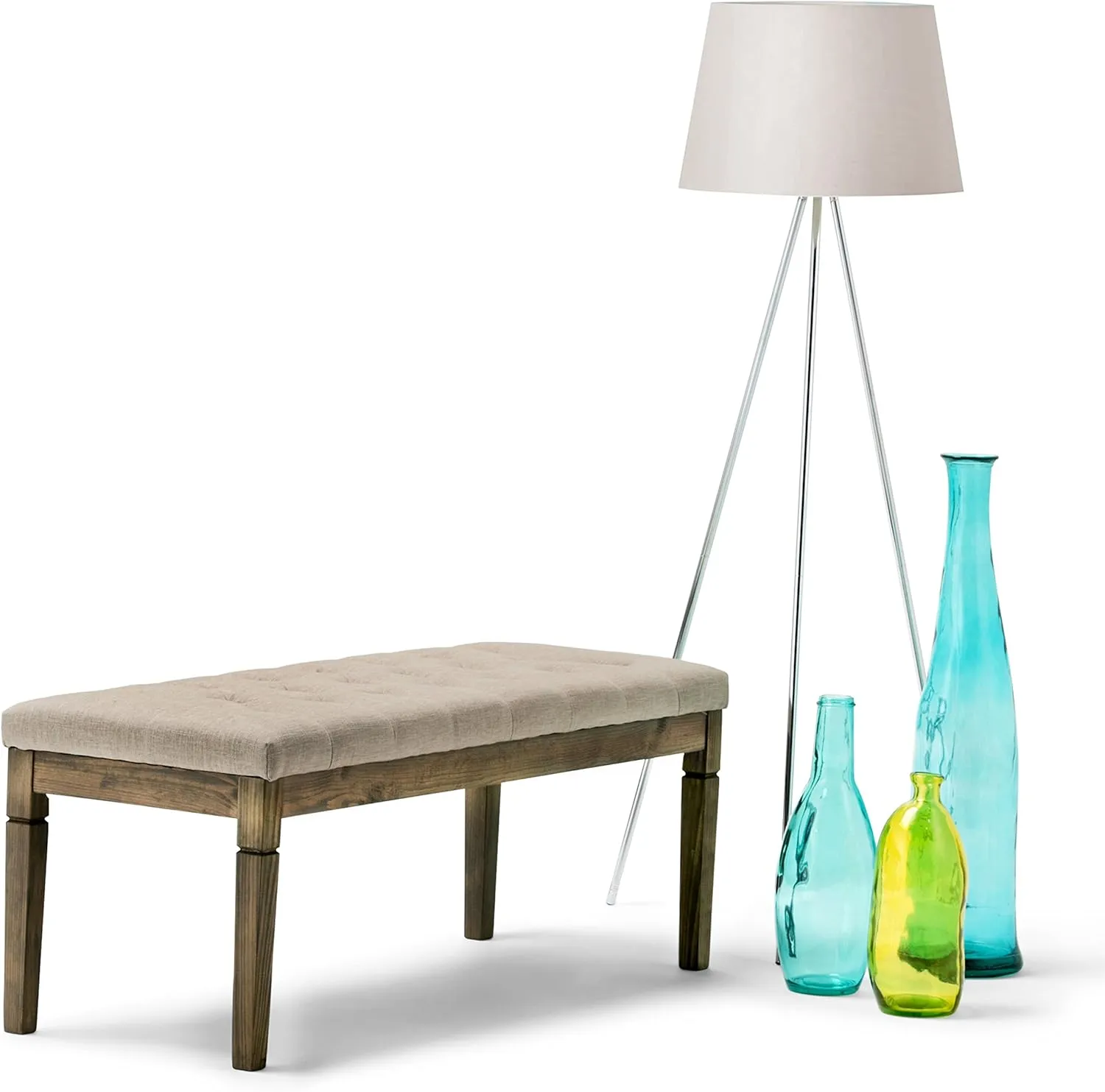 SIMPLIHOME Waverly 48 inch Wide Traditional Rectangle Tufted Ottoman Bench in Natural Linen Look Fabric, Assembled, For the Living Room and Bedroom