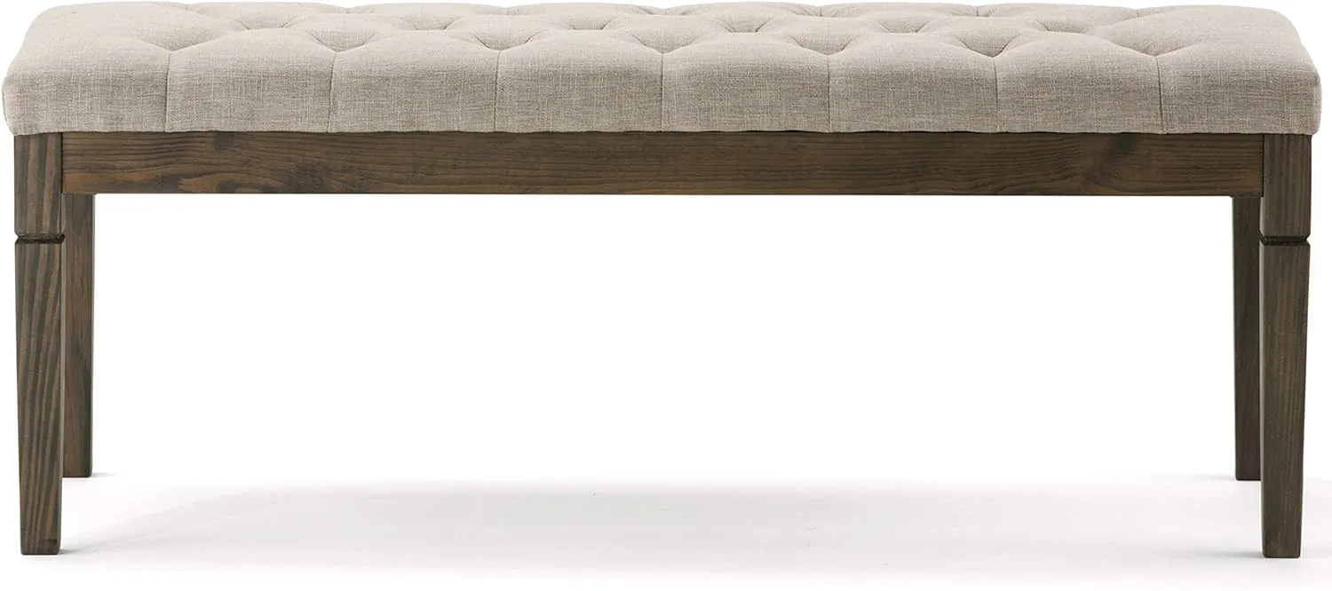 SIMPLIHOME Waverly 48 inch Wide Traditional Rectangle Tufted Ottoman Bench in Natural Linen Look Fabric, Assembled, For the Living Room and Bedroom
