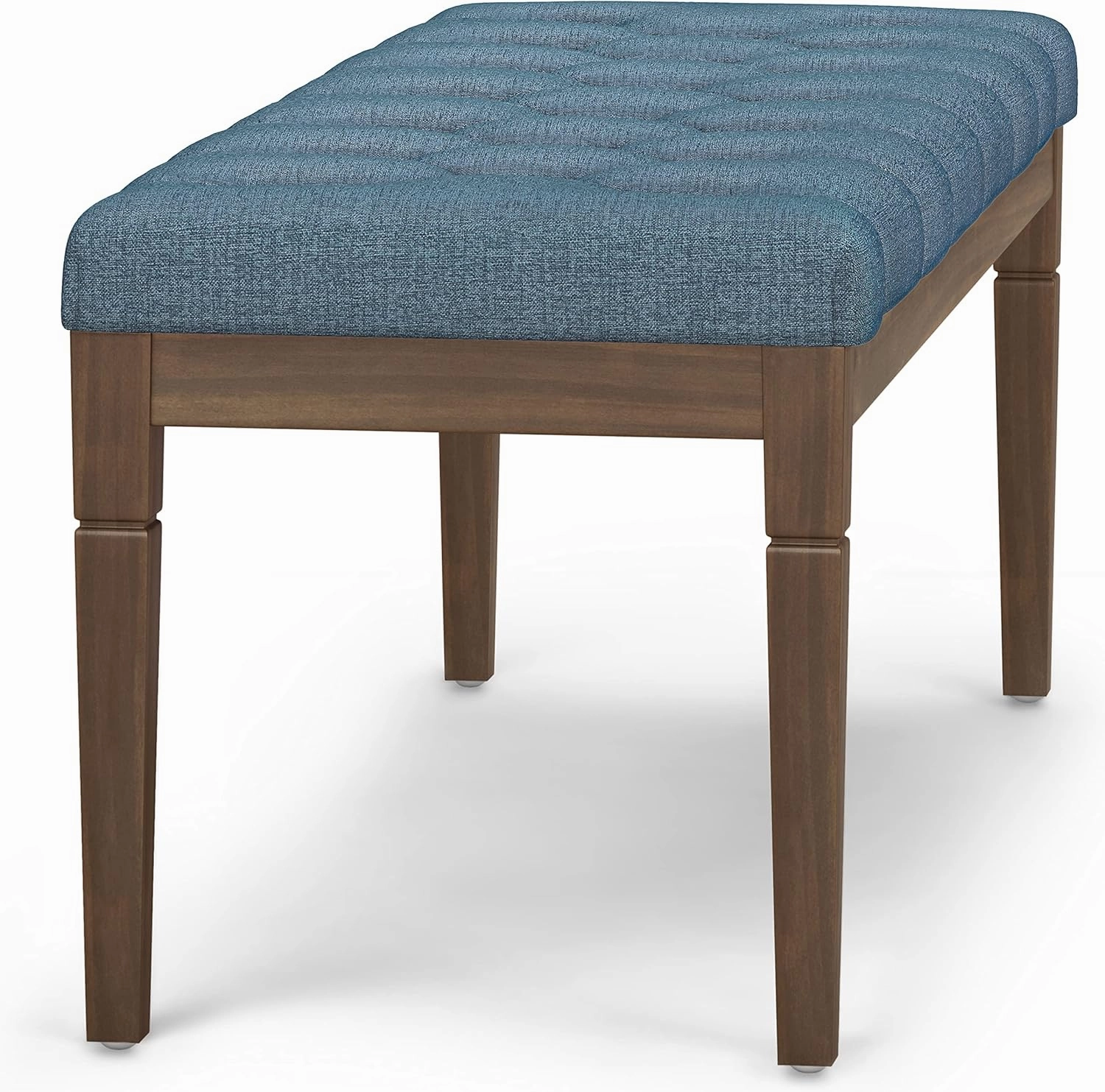 SIMPLIHOME Waverly 48 inch Wide Traditional Rectangle Tufted Ottoman Bench in Denim Blue Linen Look Fabric, Assembled, For the Living Room and Bedroom