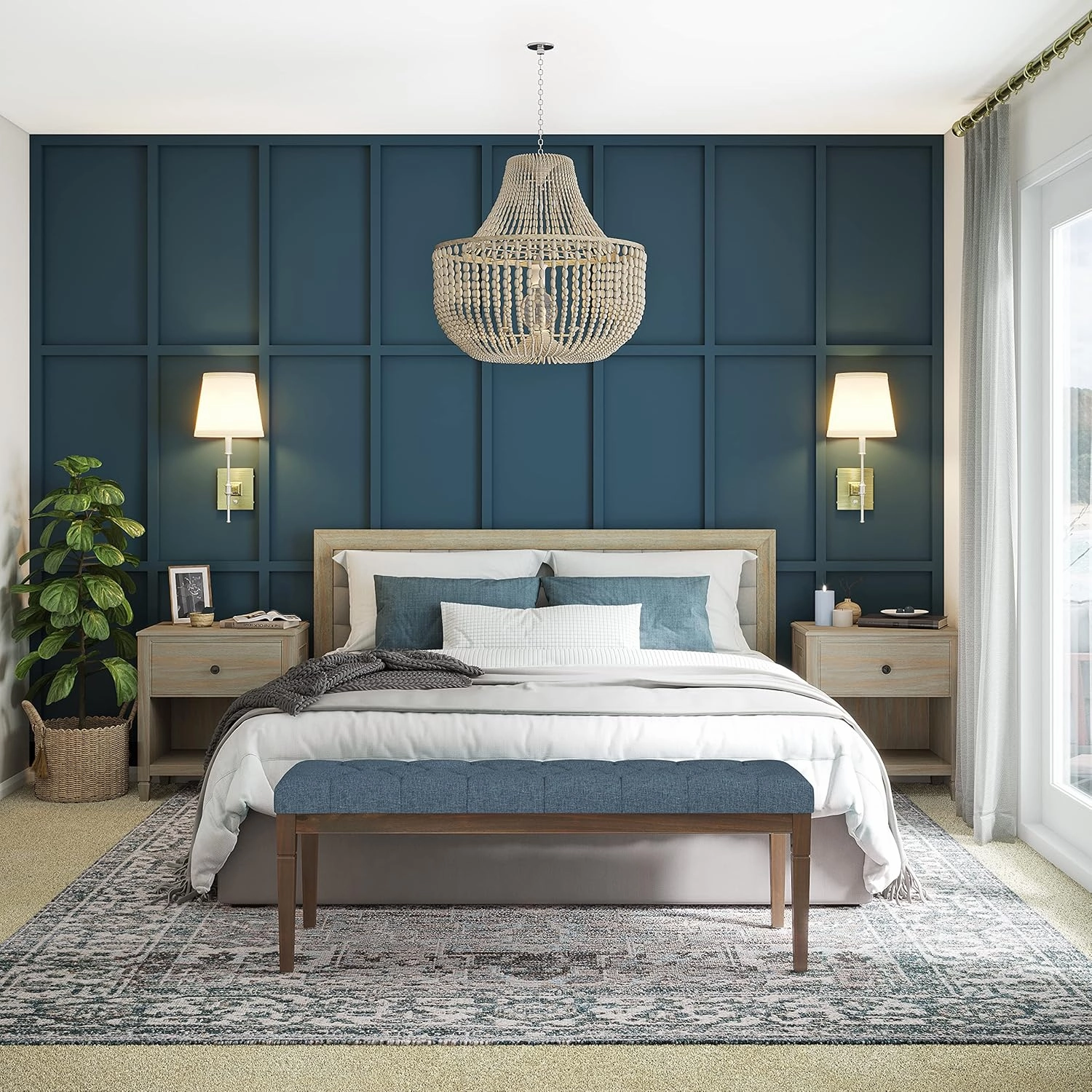 SIMPLIHOME Waverly 48 inch Wide Traditional Rectangle Tufted Ottoman Bench in Denim Blue Linen Look Fabric, Assembled, For the Living Room and Bedroom