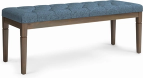 SIMPLIHOME Waverly 48 inch Wide Traditional Rectangle Tufted Ottoman Bench in Denim Blue Linen Look Fabric, Assembled, For the Living Room and Bedroom