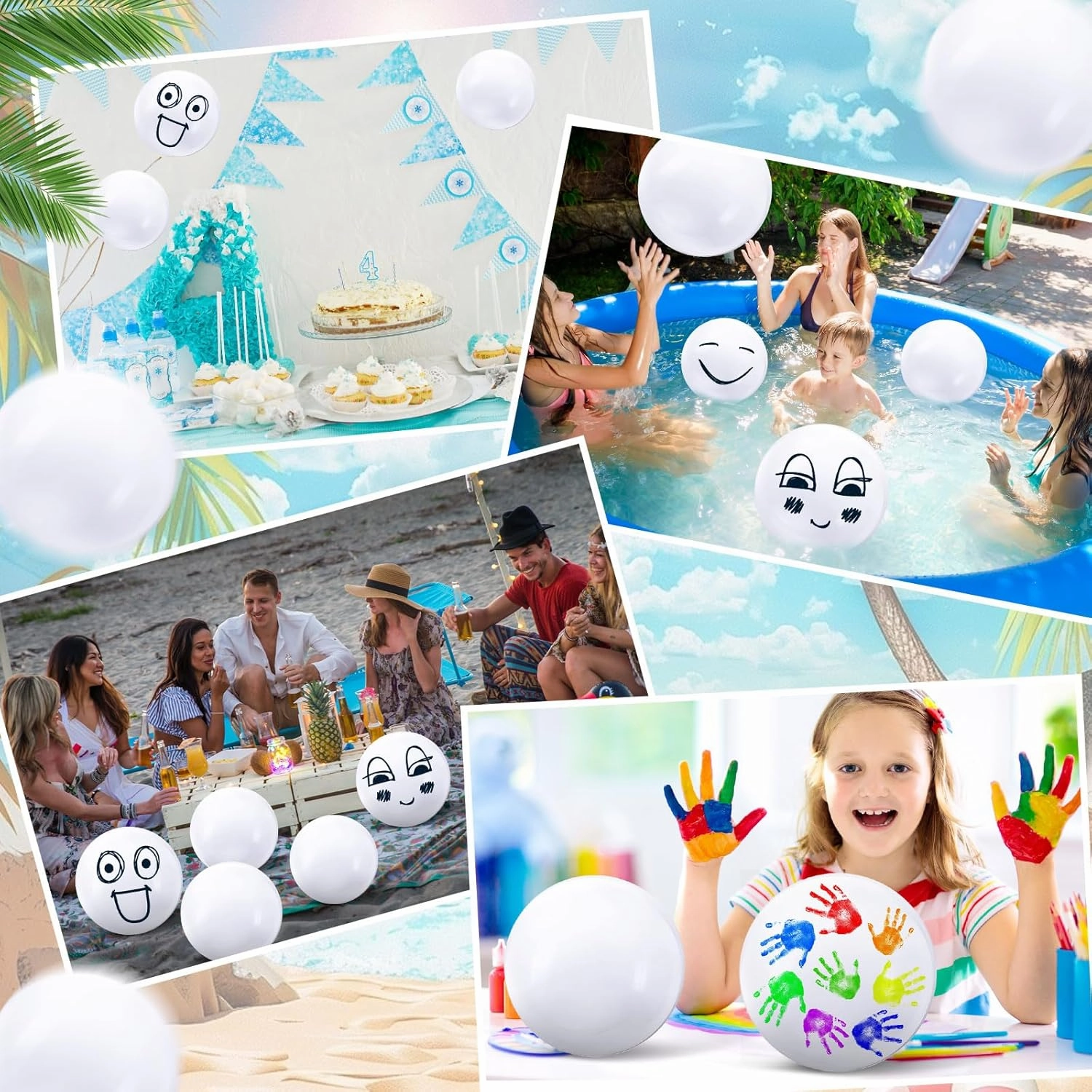 Sinmoe 12 Pieces Inflatable White Beach Ball Bulk Summer Solid Swimming Pool Floating Blow up Ball DIY Paint Craft for Boys Girls Hawaii Luau Birthday Beach Graduation Party(16 Inch,White)
