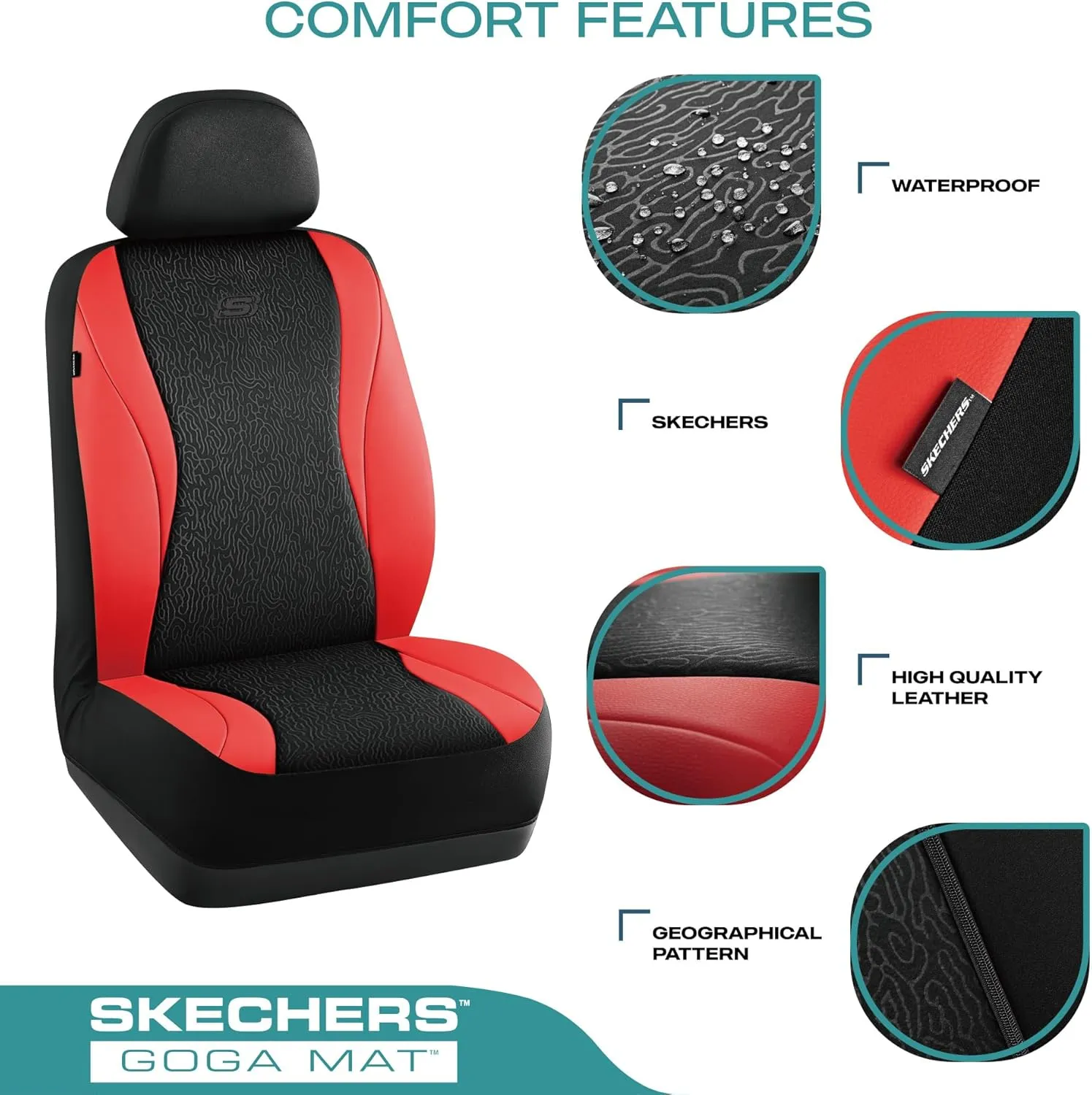 Skechers Car Seat Covers,Leather Seat Covers with GOGA Mat Technology,Waterproof Car Seat Covers Front Seats,Airbag Compatible,Comfort Universal Fit for Most Cars,Vans,Trucks,SUVs,Red