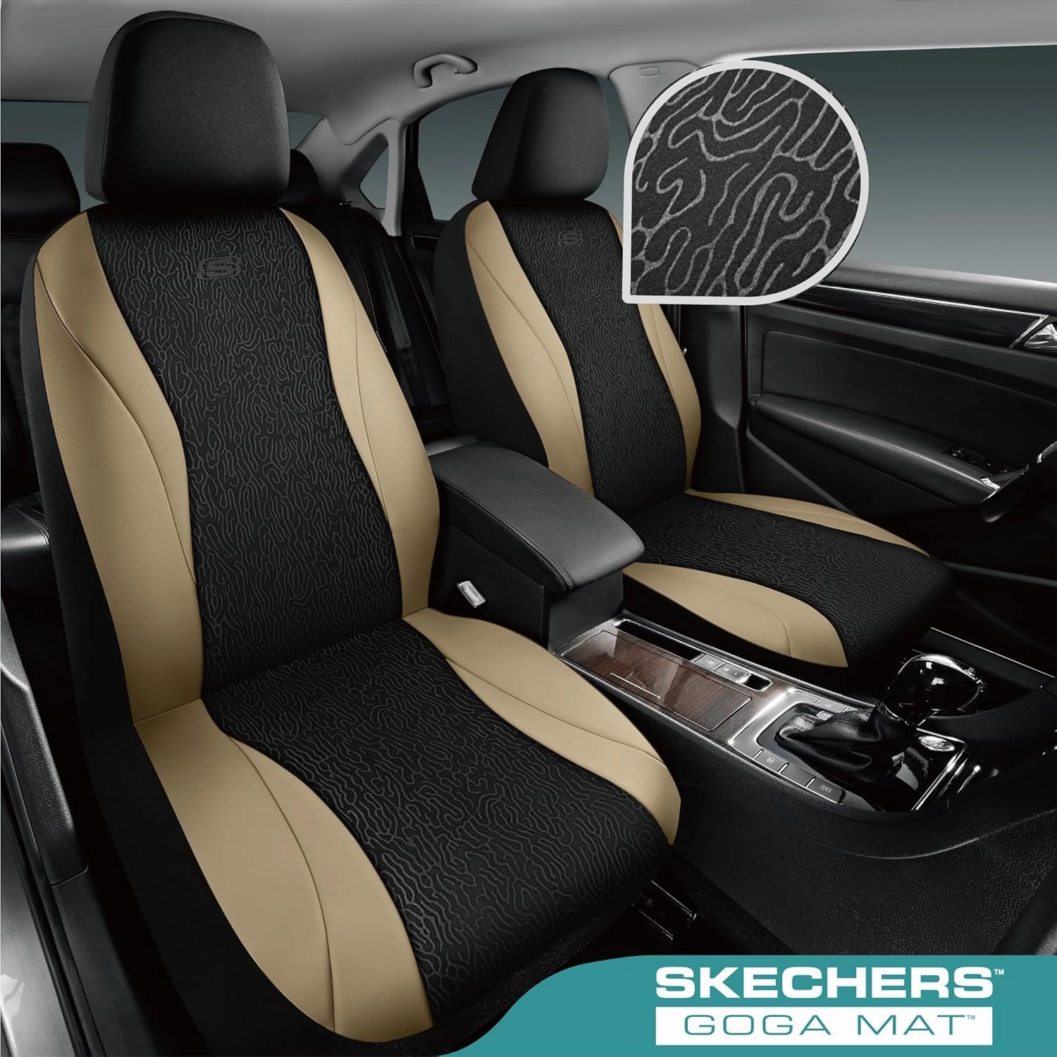 Skechers Car Seat Covers,Leather Seat Covers with GOGA Mat Technology,Waterproof Car Seat Covers Full Sets,Airbag Compatible,Comfort Universal Fit for Most Cars,Vans,Trucks,SUVs,Beige