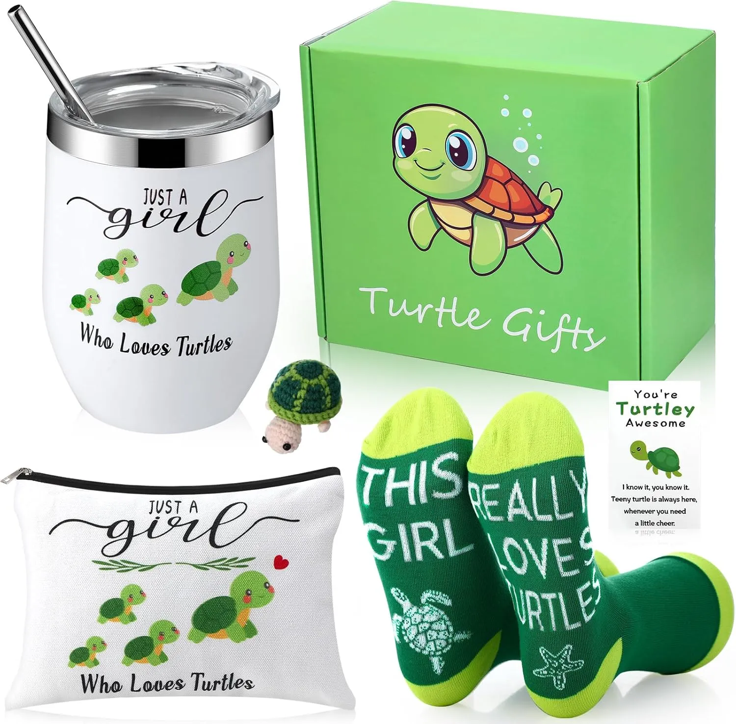 Skylety 6 Pcs Sea Turtle Gifts for Women Includes Tumbler Travel Makeup Bag Funny Positive Crochet Animals Socks Greeting Card Box, Turtle Lovers Birthday Christmas Cute Decorations