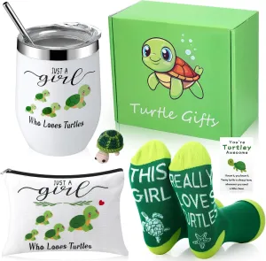 Skylety 6 Pcs Sea Turtle Gifts for Women Includes Tumbler Travel Makeup Bag Funny Positive Crochet Animals Socks Greeting Card Box, Turtle Lovers Birthday Christmas Cute Decorations