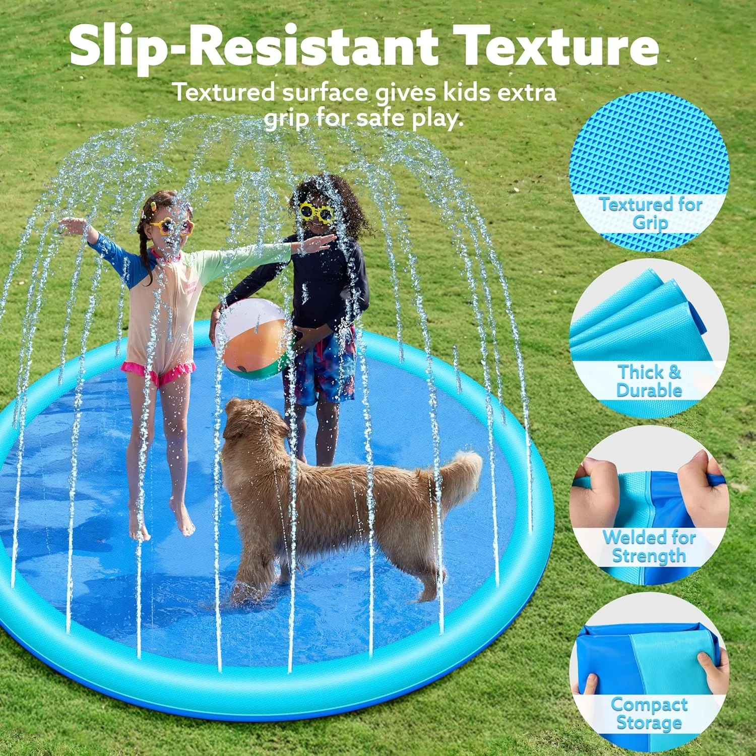 SLOOSH Non-Slip Splash Pad Sprinkler - Outdoor Water Toys Play Mat for Toddlers Kids Dogs, Outside Thickened Sprinkler Pool Party Durable Backyard Fountain for Girls Boys Pets (72in, Blue)