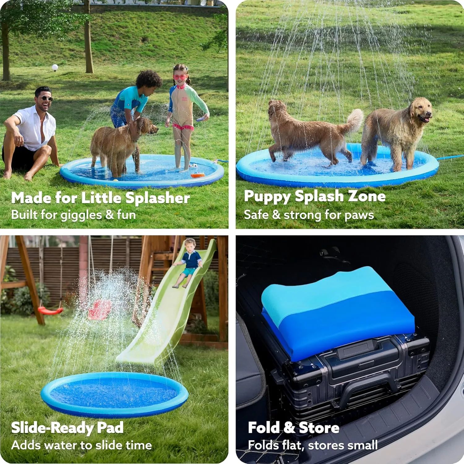SLOOSH Non-Slip Splash Pad Sprinkler - Outdoor Water Toys Play Mat for Toddlers Kids Dogs, Outside Thickened Sprinkler Pool Party Durable Backyard Fountain for Girls Boys Pets (72in, Blue)