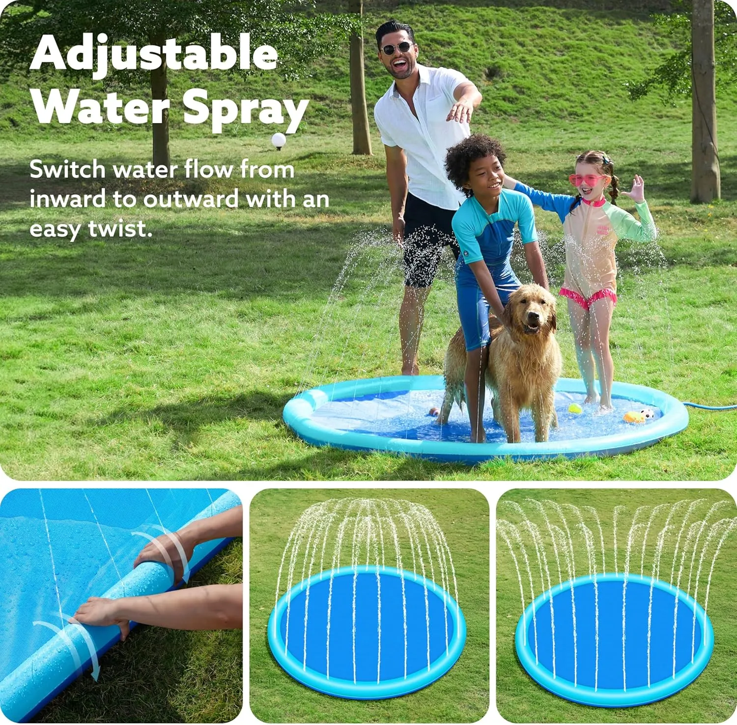 SLOOSH Non-Slip Splash Pad Sprinkler - Outdoor Water Toys Play Mat for Toddlers Kids Dogs, Outside Thickened Sprinkler Pool Party Durable Backyard Fountain for Girls Boys Pets (72in, Blue)