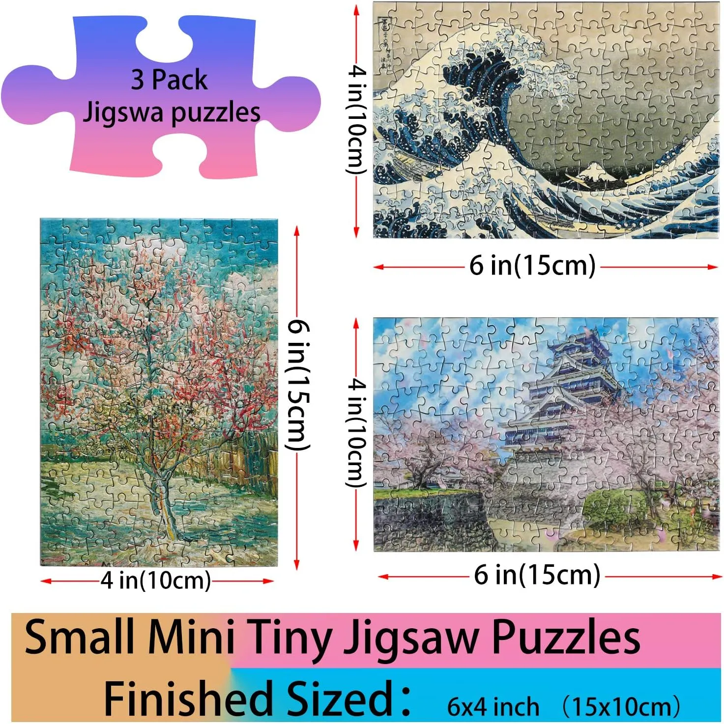 Small Jigsaw Puzzles for Adults 150 Pieces Mini Jigsaw Puzzles Challenging Castle Ukiyoe Sea Wave Tiny 6 x 4 Inches, 3 Pcs,Mini Easel Included