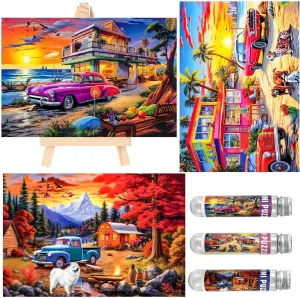 Small Jigsaw Puzzles for Adults 150 Pieces Vintage American car Illustration Jigsaw Puzzles Challenging Mini Puzzles Tiny Jigsaw Puzzles 6 x 4 Inches, 3 Pcs,Mini Easel Included