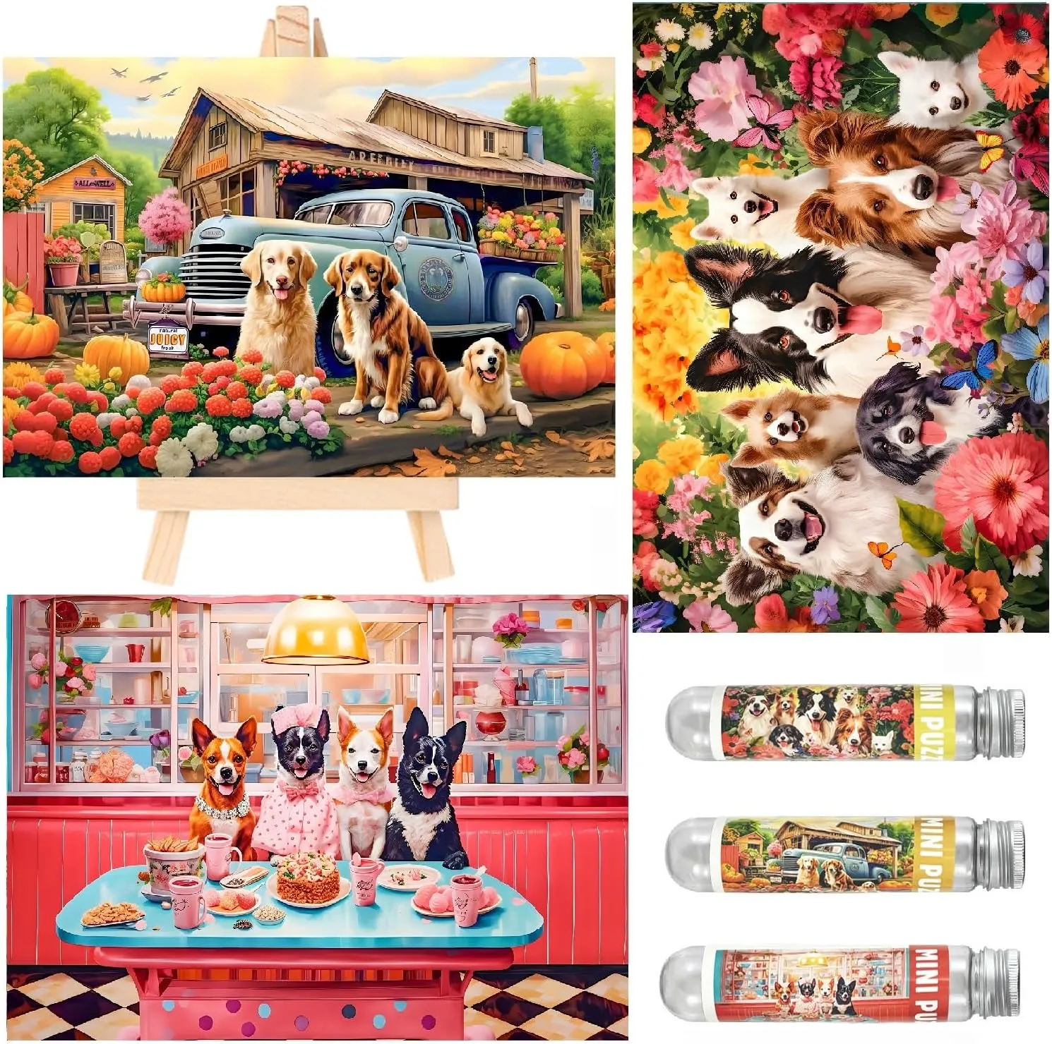 Small Jigsaw Puzzles for Adults 150 Pieces Vintage Cute Puppy Mini Jigsaw Puzzles Oil Painting Challenging Mini Puzzles Tiny Jigsaw Puzzles 6 x 4 Inches,3 Pcs,Mini Easel Included