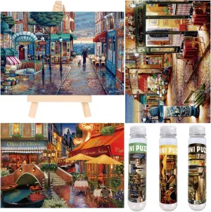 Small Jigsaw Puzzles for Adults 150 Pieces Vintage Streetscape Mini Jigsaw Puzzles Oil Painting Challenging Mini Puzzles Tiny Jigsaw Puzzles 6 x 4 Inches, 3 Pcs,Mini Easel Included