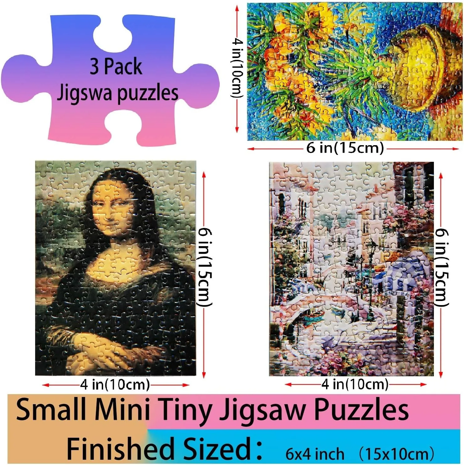 Small Jigsaw Puzzles for Adults Challenging Puzzle Mini Jigsaw Puzzles for Adults 150 Pieces Oil Painting Mona Lisa Venice Home Decor Puzzles 6 x 4 Inches, 3 Pack,Mini Easel Included