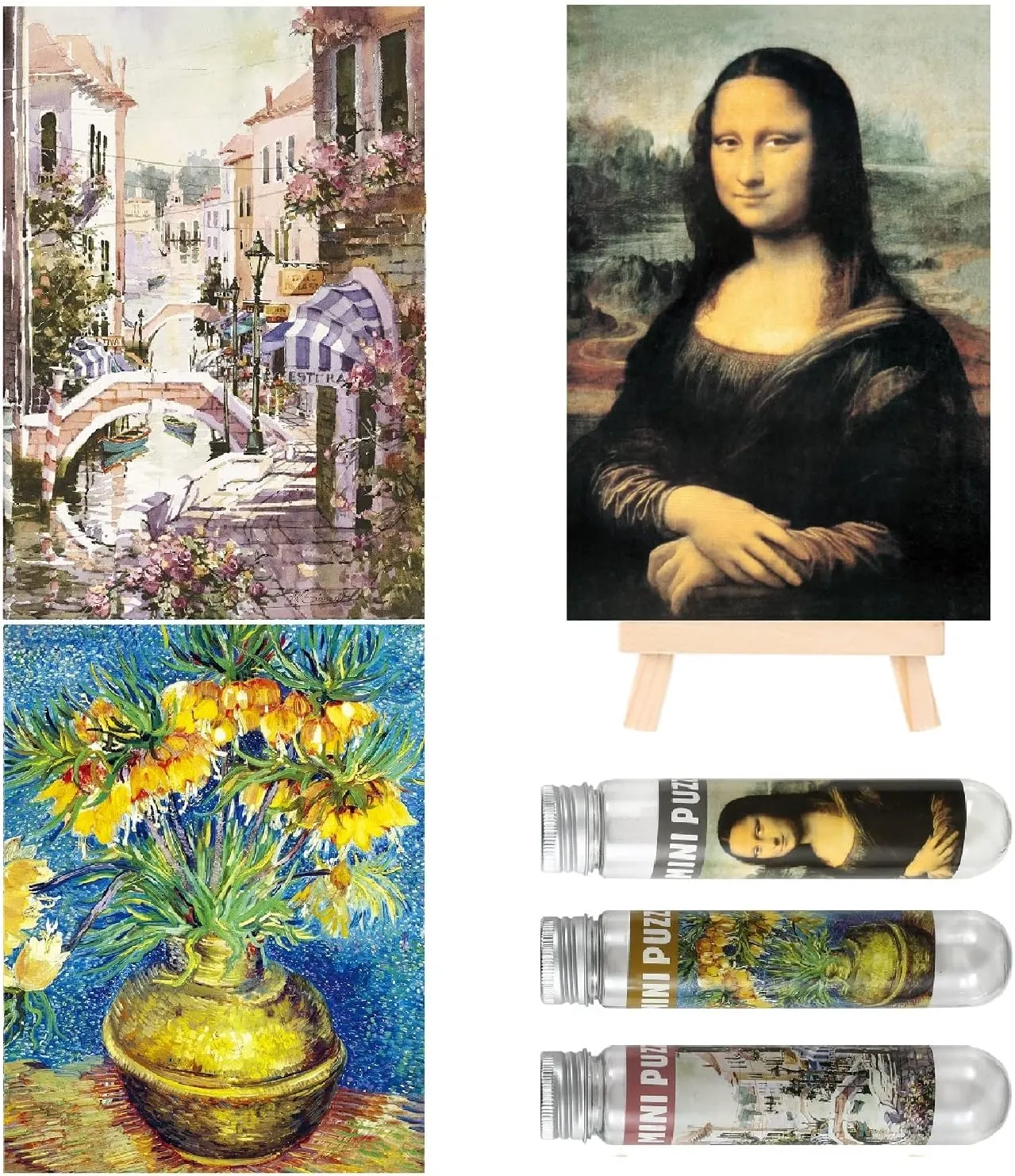 Small Jigsaw Puzzles for Adults Challenging Puzzle Mini Jigsaw Puzzles for Adults 150 Pieces Oil Painting Mona Lisa Venice Home Decor Puzzles 6 x 4 Inches, 3 Pack,Mini Easel Included