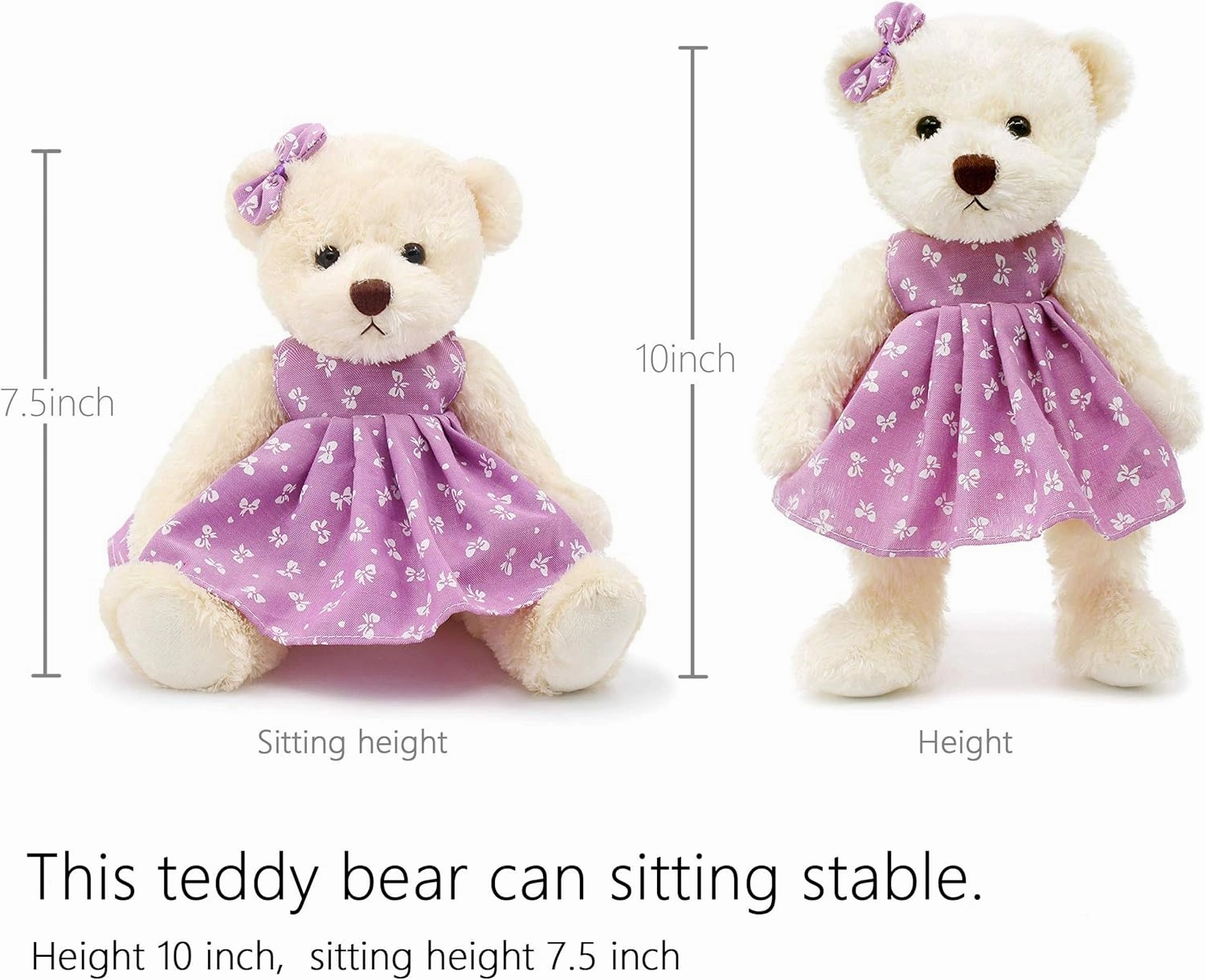 Small Baby Teddy Bear with Cloth Cute Stuffed Animal Soft Plush Toy 10" (Polka dot Purple Dress)
