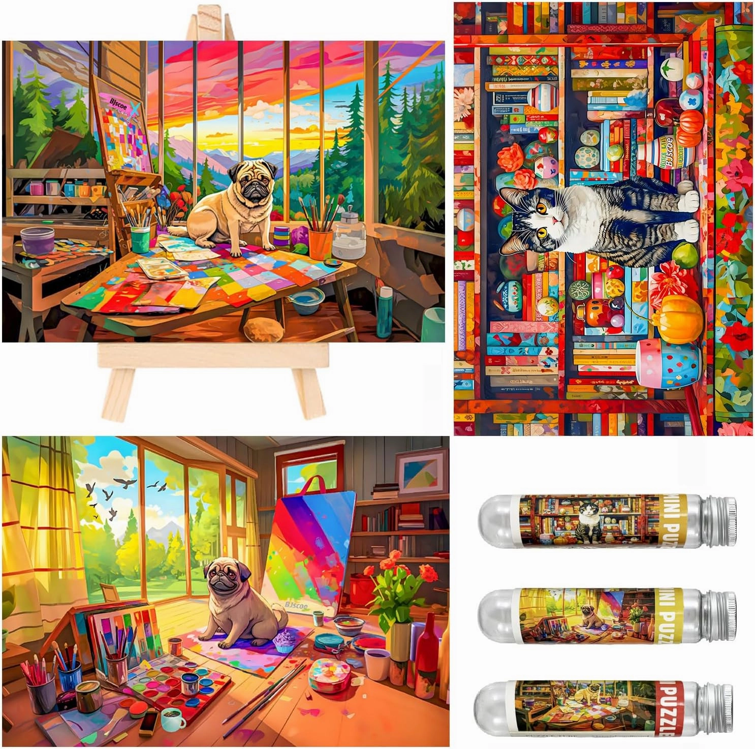 Small Jigsaw Puzzles for Adults 150 Pieces Vintage Pug & Cat Oil Painting Mini Jigsaw Puzzles Challenging Mini Puzzles 6 x 4 Inches, 3 Pcs,Easel Included