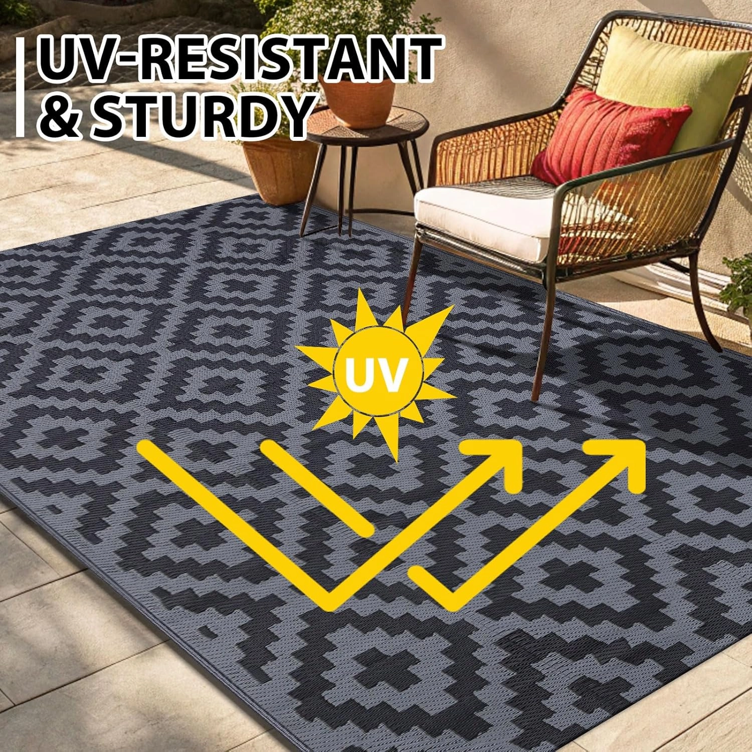 Smiry Waterproof Outdoor Rug 5x8ft, Reversible Plastic Straw Patio Camping Rugs, Outdoor Indoor RV Mat Carpet for Patio, Outside Entry, Backyard, Deck, Bench, Picnic, Camper, Black & Grey